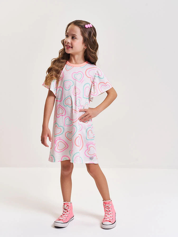 Vestido Infantil Cinti Verão Off White Corações Coloridos