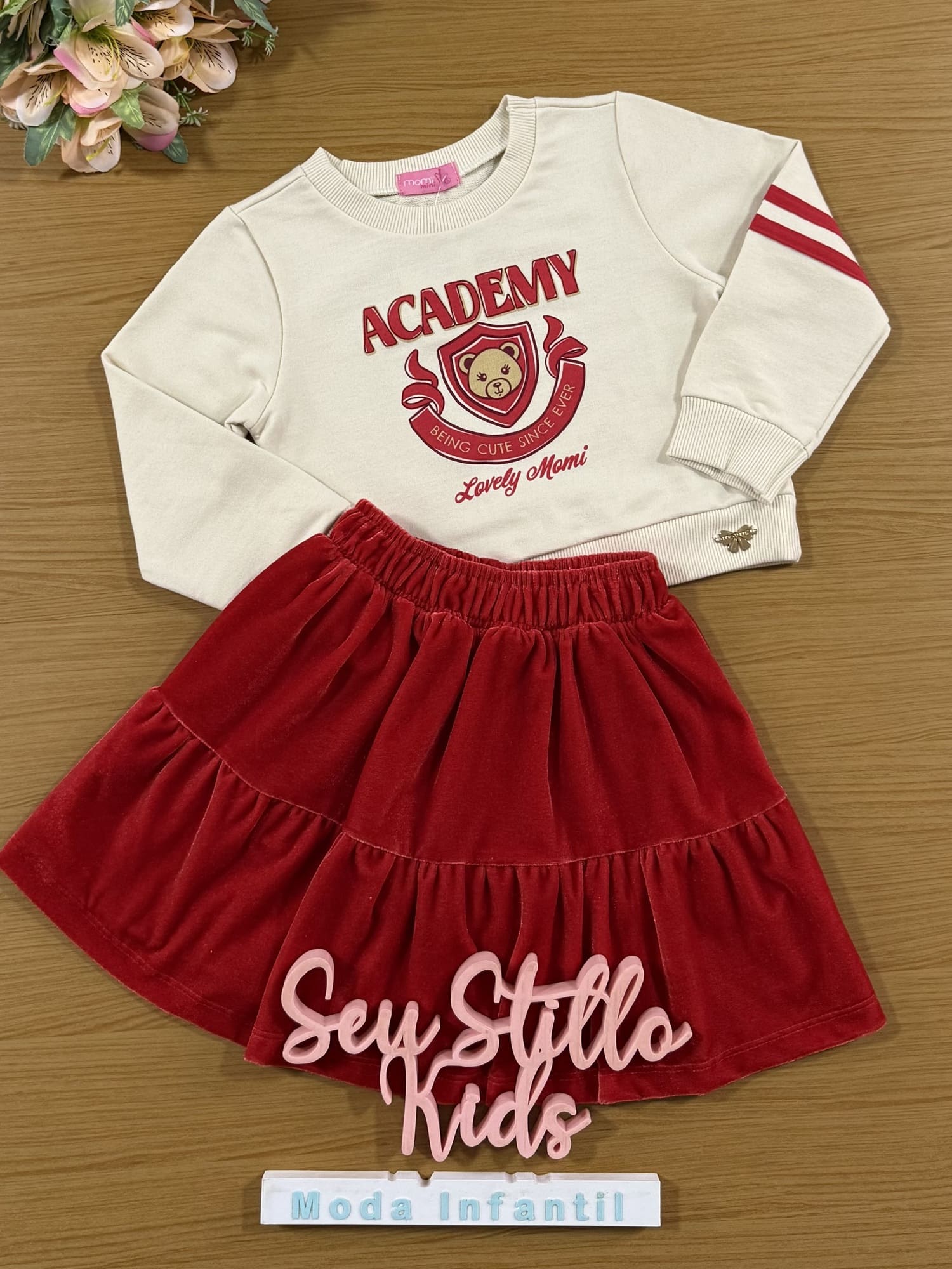 Conjunto Infantil Momi Inverno com Saia e Casaco Bege Ursinho Academy