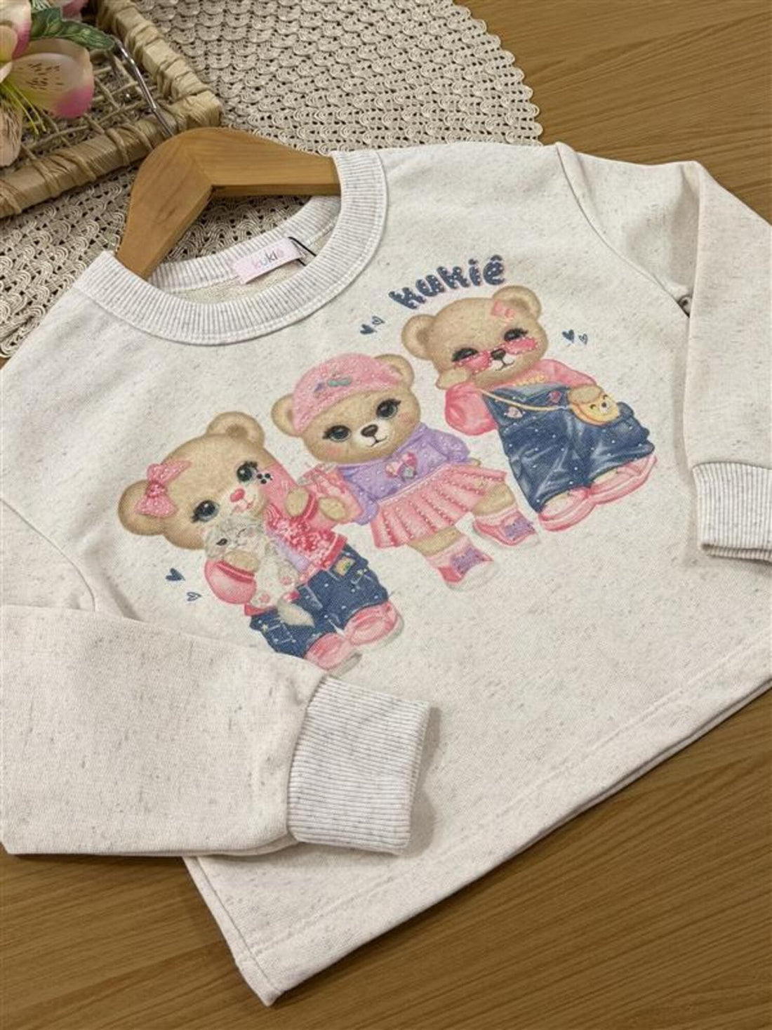 Conjunto Infantil Kukiê Inverno com Shorts Azul e Moletom sem Flanela Off White Ursinhos com Strass