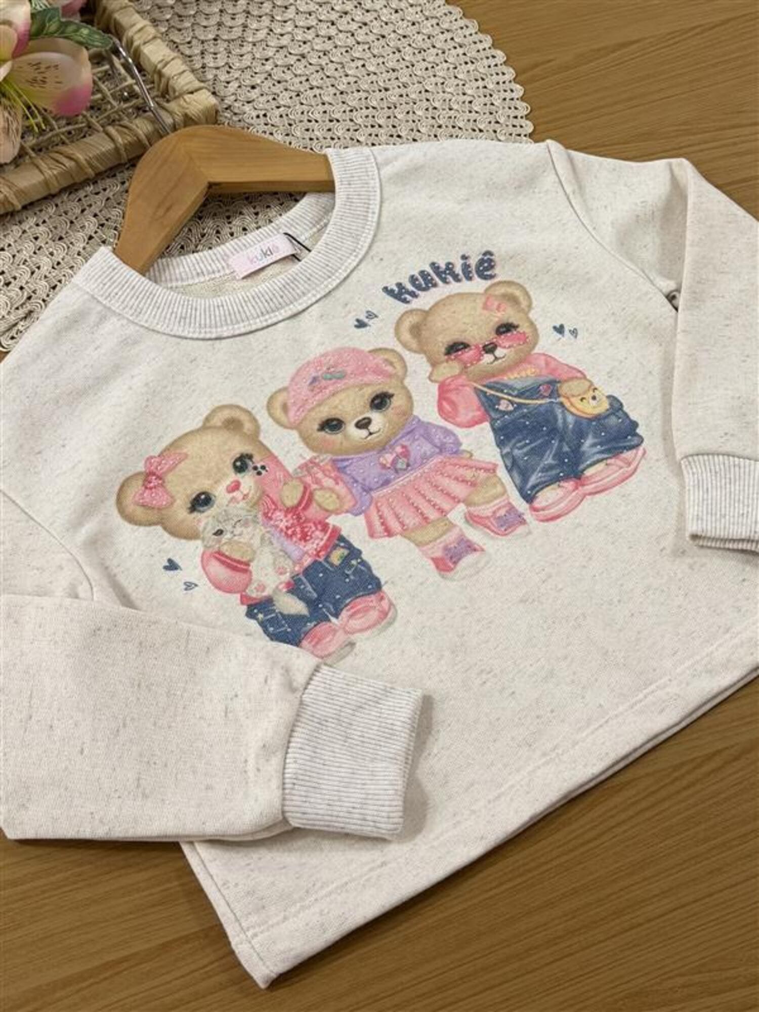 Conjunto Infantil Kukiê Inverno com Shorts Azul e Moletom sem Flanela Off White Ursinhos com Strass