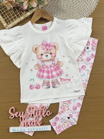 Conjunto Infantil Cinti com Calça Rosa e Blusa Branca Ursinha com Strass