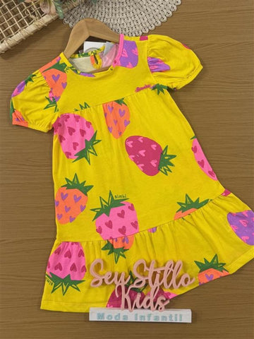 Vestido Infantil Bimbi Verão Amarelo Moranguinho