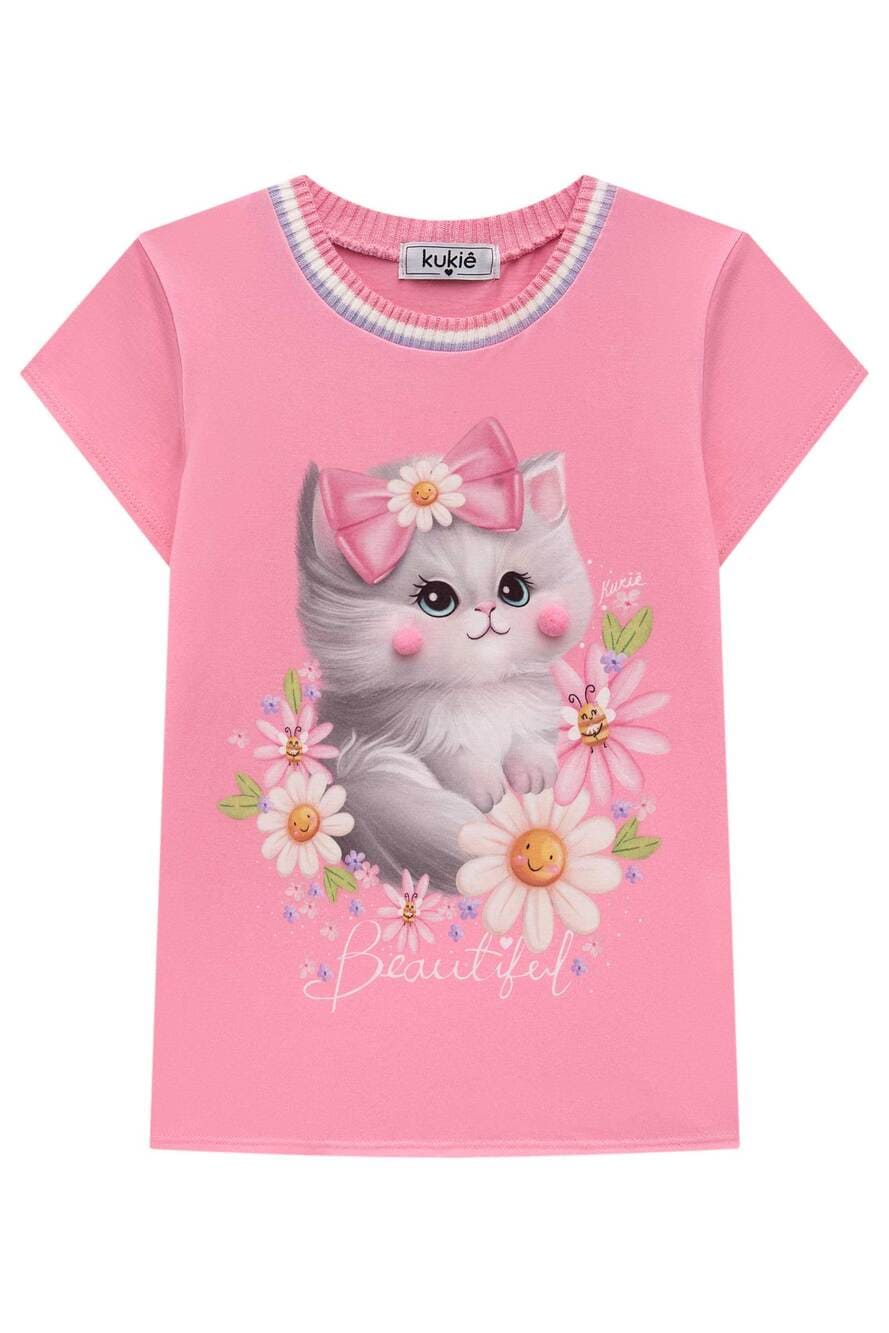 Blusa Infantil Kukie Verão Rosa Gatinha