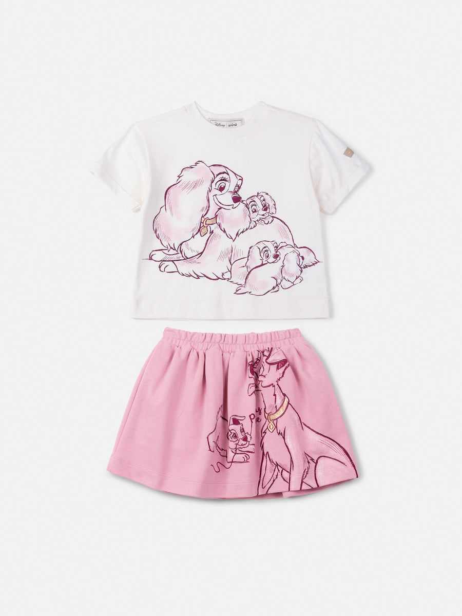 Conjunto Infantil Animê Inverno com Saia Rosa e Blusa A Dama e o Vagabundo Disney