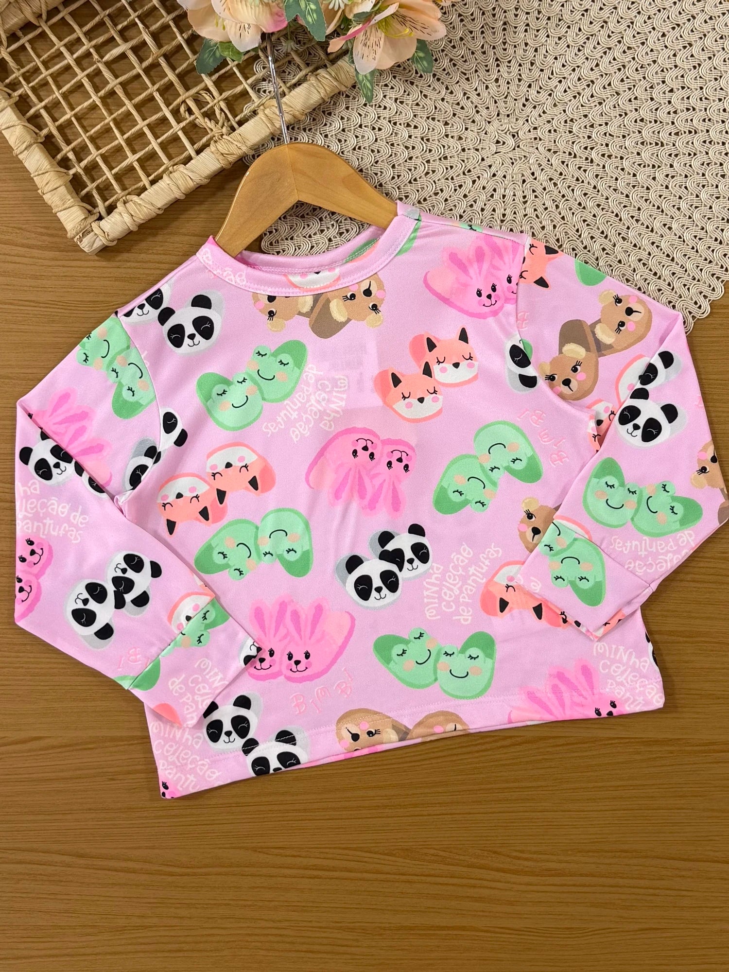 Pijama Infantil Bimbi Inverno com Calça e Blusa Manga Longa Rosa Pantufas