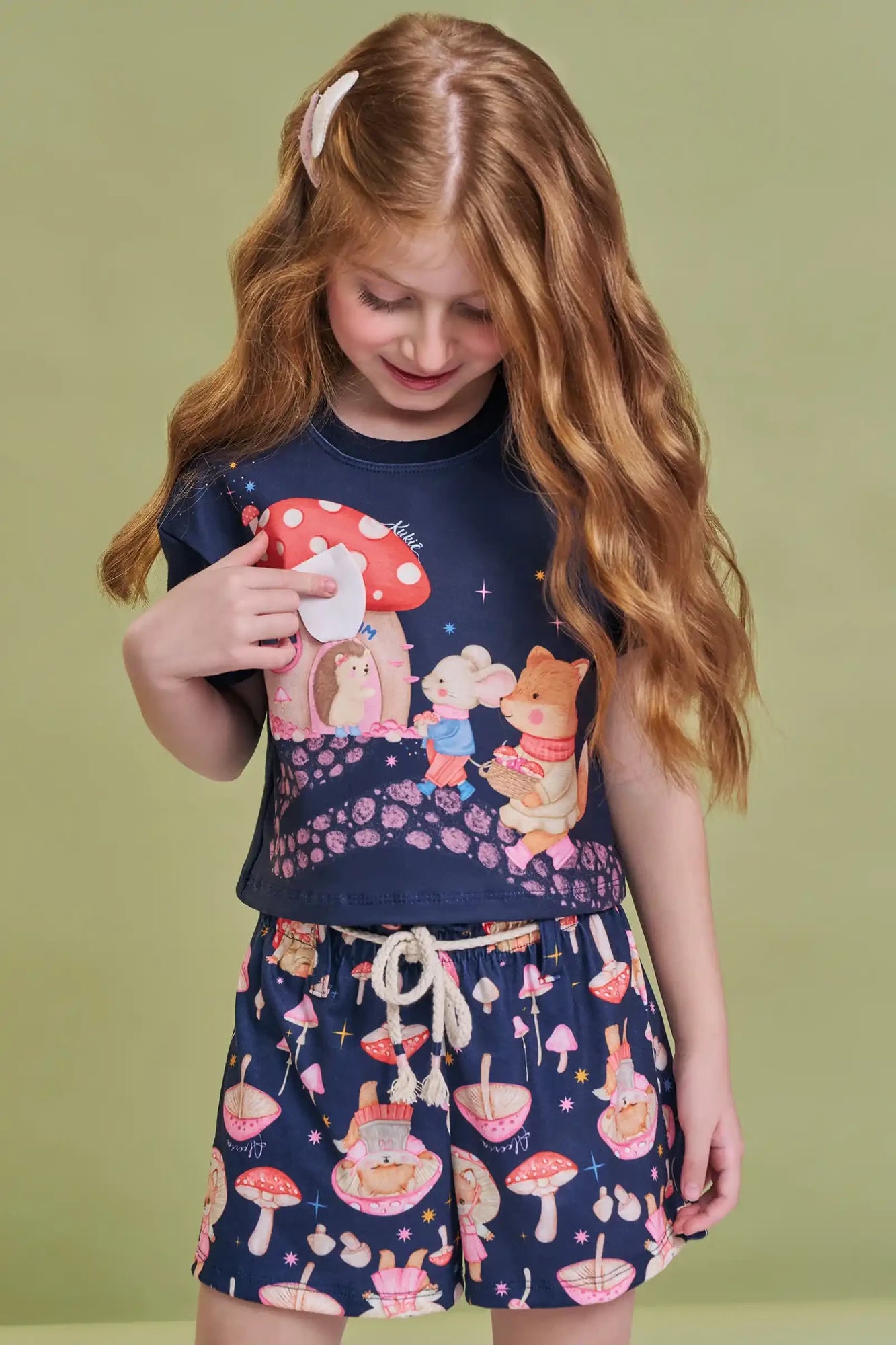 Conjunto Infantil Kukiê Inverno com Shorts e Blusa Manga Curta Azul Marinho Casinha Cogumelo