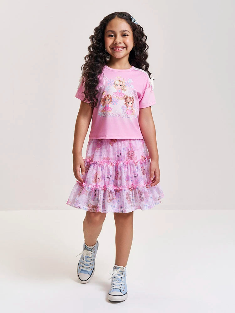 Conjunto Infantil Cinti Verão com Saia e Blusa Rosa Liders de Torcidas