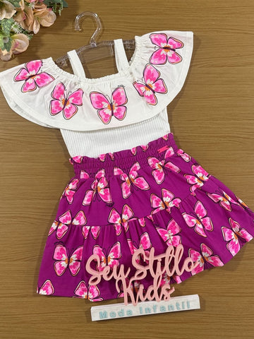 Conjunto Infantil Momi Verão Saia e Blusa Babado Borboleta