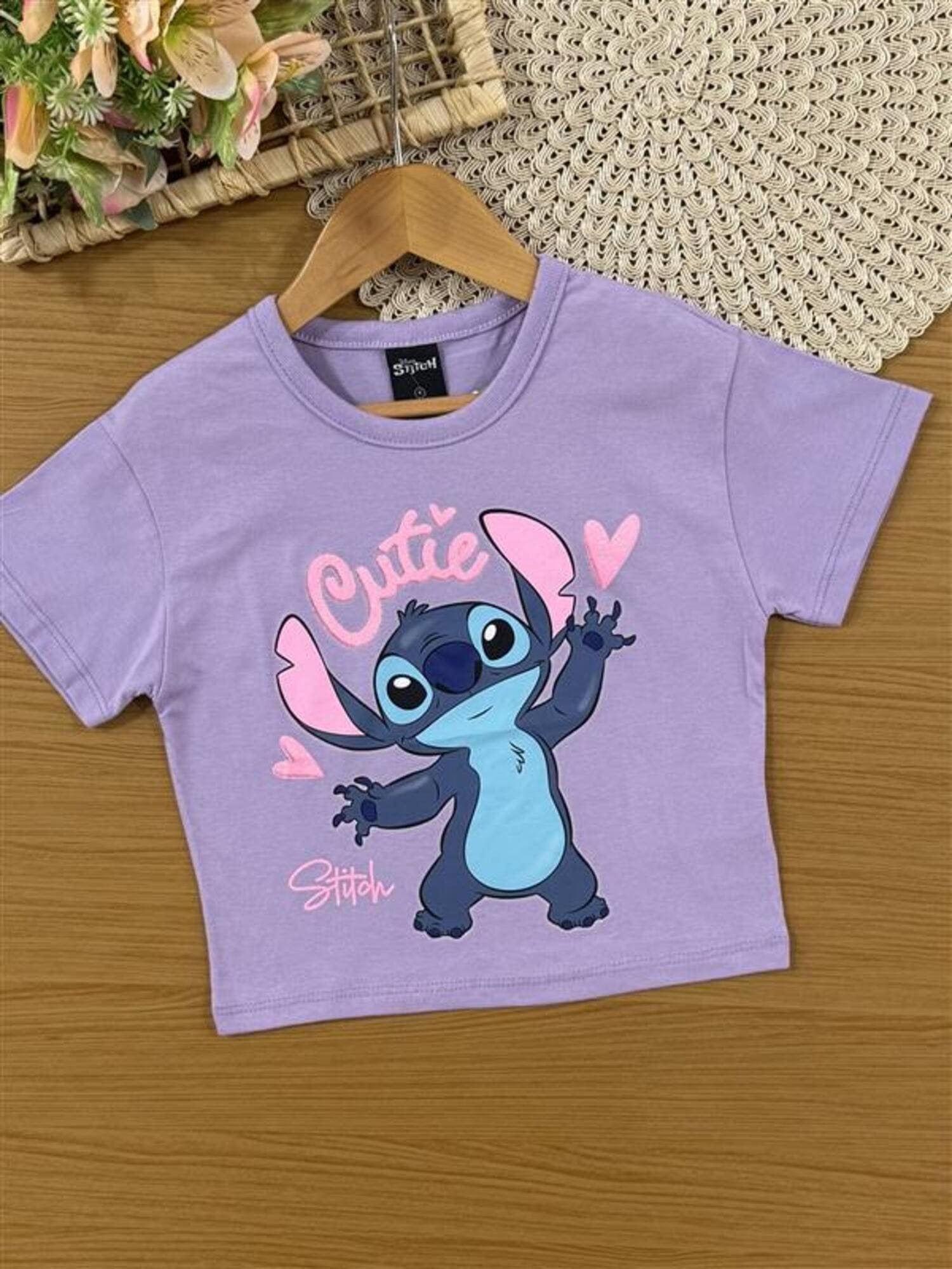 Blusa Infantil Menina Brandili Verão Lilás Stitch Cutie Disney