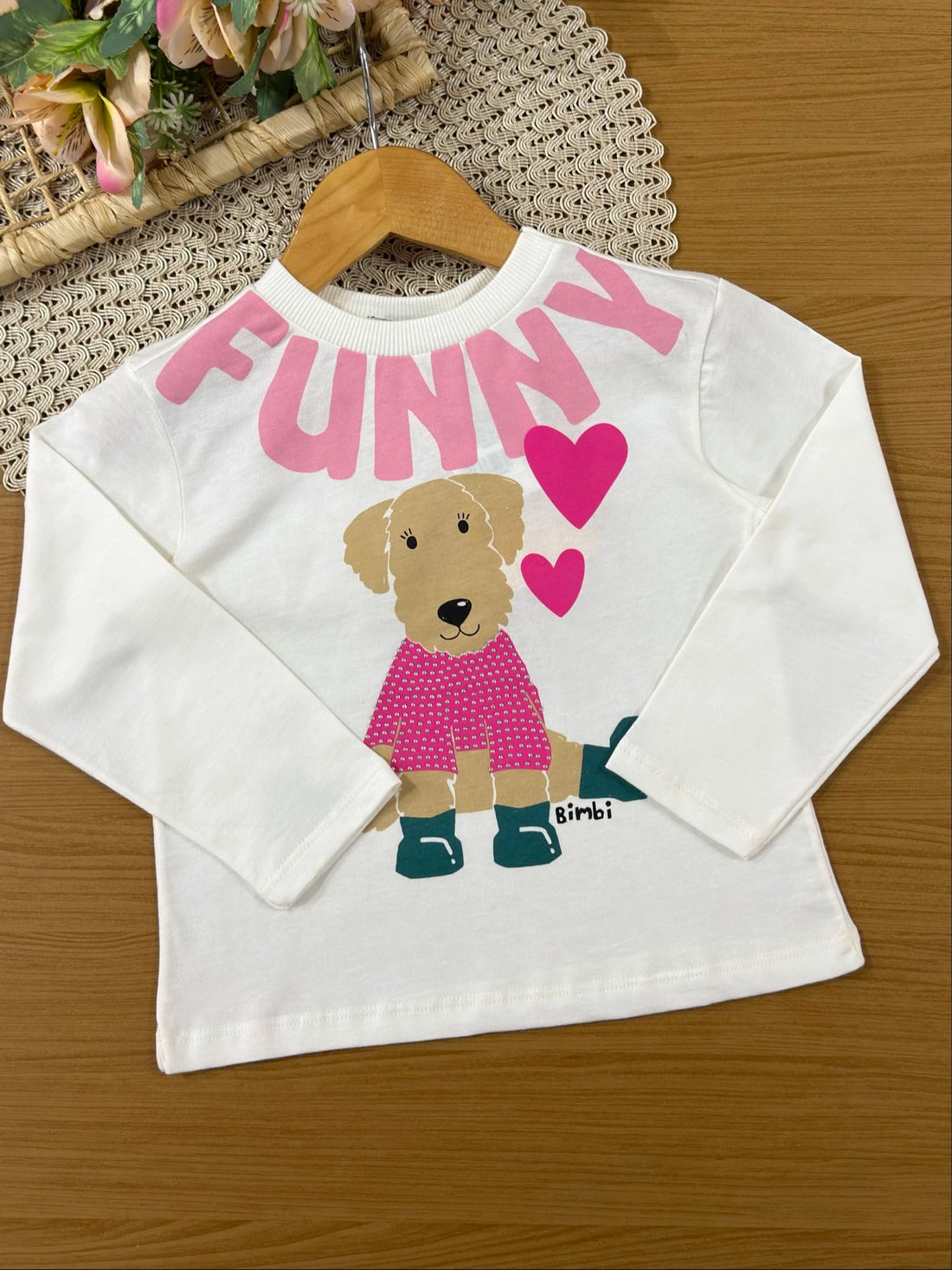 Conjunto Infantil Bimbi Inverno com Shorts Rosa  e Blusa Manga Longa Cachorrinha Funny