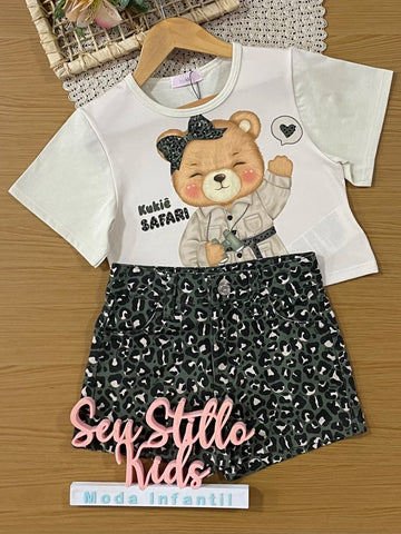 Conjunto Infantil Kukiê Inverno com Shorts Verde Camuflado e Blusa Manga Curta Usinha Safari