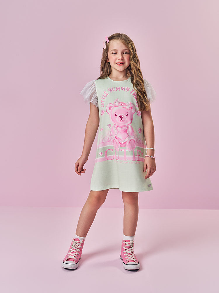 Vestido Infantil Cinti Verão Verde Ursinha Cutie com Strass