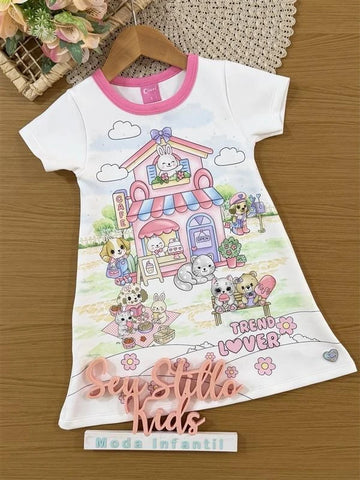 Vestido Infantil Cinti Verão Branco Cafeteria dos Animais