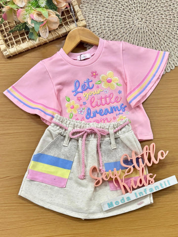 Conjunto Infantil Menina Kukiê com Shorts e Blusa Rosa Florzinha