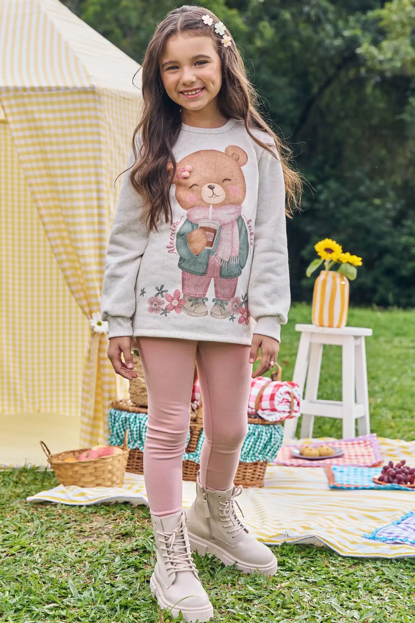 Conjunto Infantil Kukiê Inverno com Calça Legging Rosa e Moletom Flanelado Ursinha Flor
