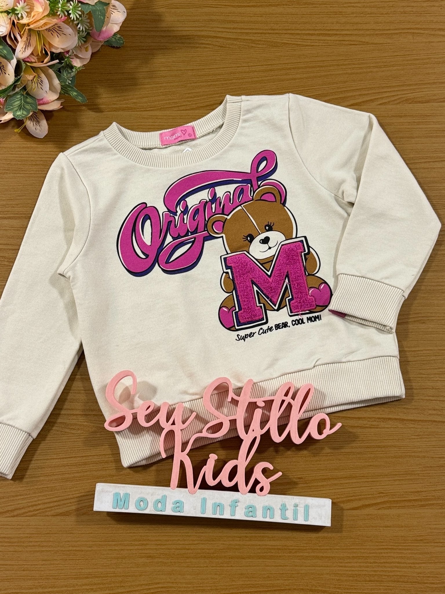Moletom Infantil Momi Inverno Ursinho Fofo Bege Sem Flanela