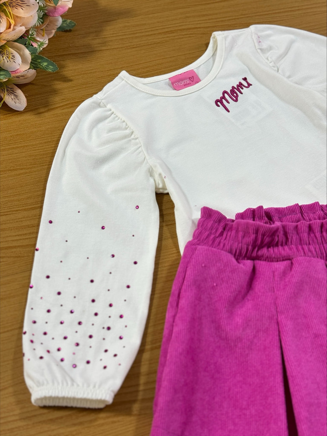 Conjunto Infantil Momi Inverno Shorts Saia e Blusa Strass Rosa