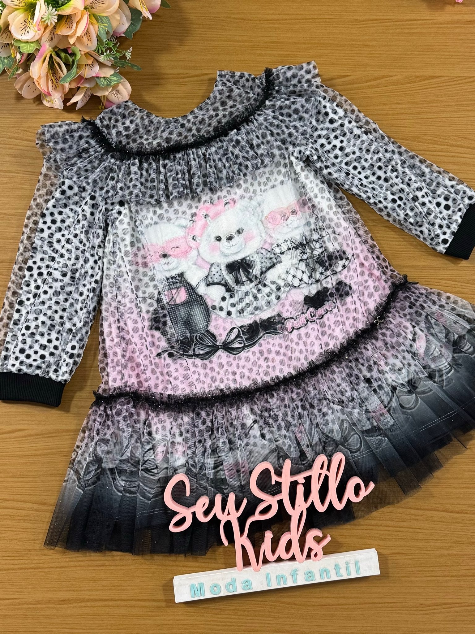 Vestido de Festa Infantil Petit Cherie Inverno Tule Ursinha