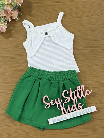 Conjunto Infantil Momi Verão Shorts Saia Verde e Blusa Canelada
