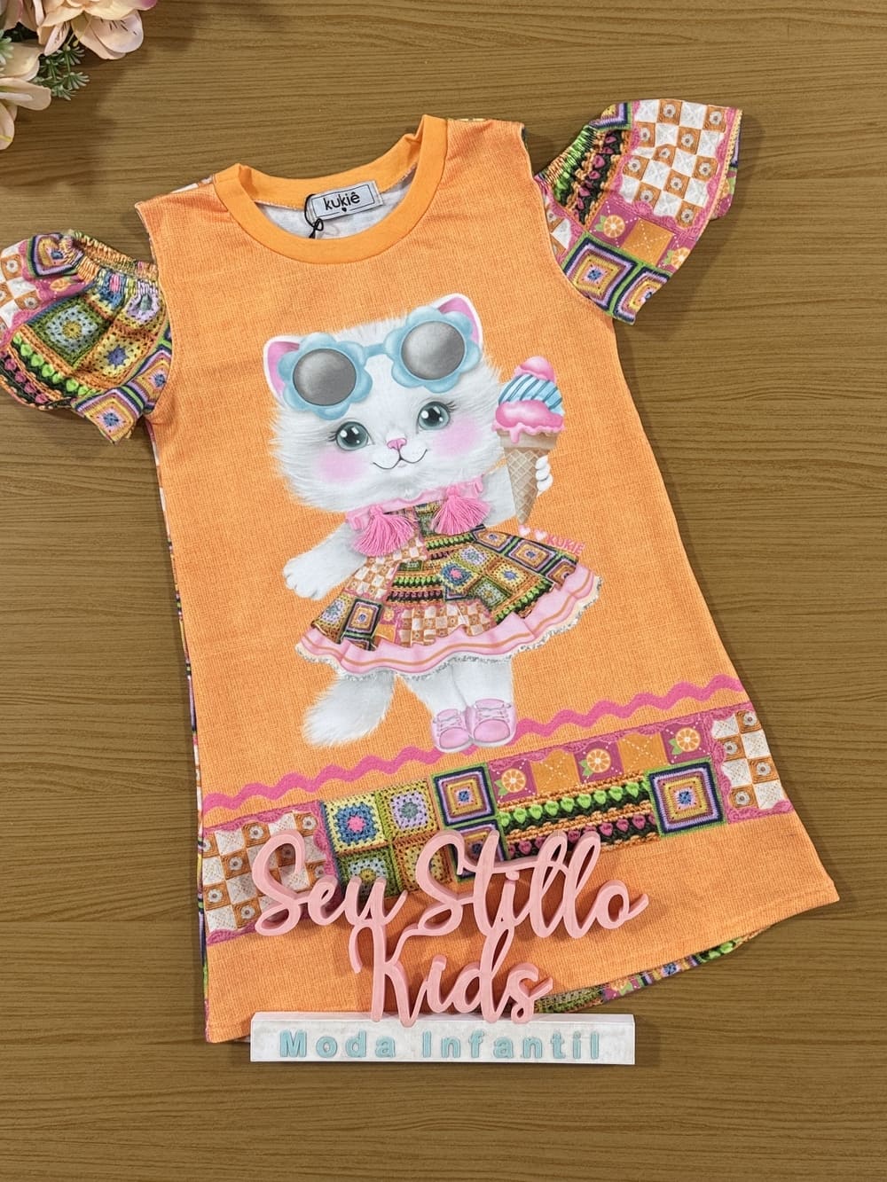 Vestido Infantil Kukie Verão Laranja Gatinha