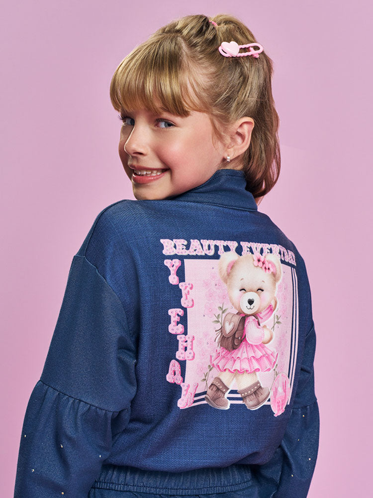 Conjunto Infantil Cinti Inverno com Shorts-Saia e Jaqueta Azul Marinho Ursinha Brilhos