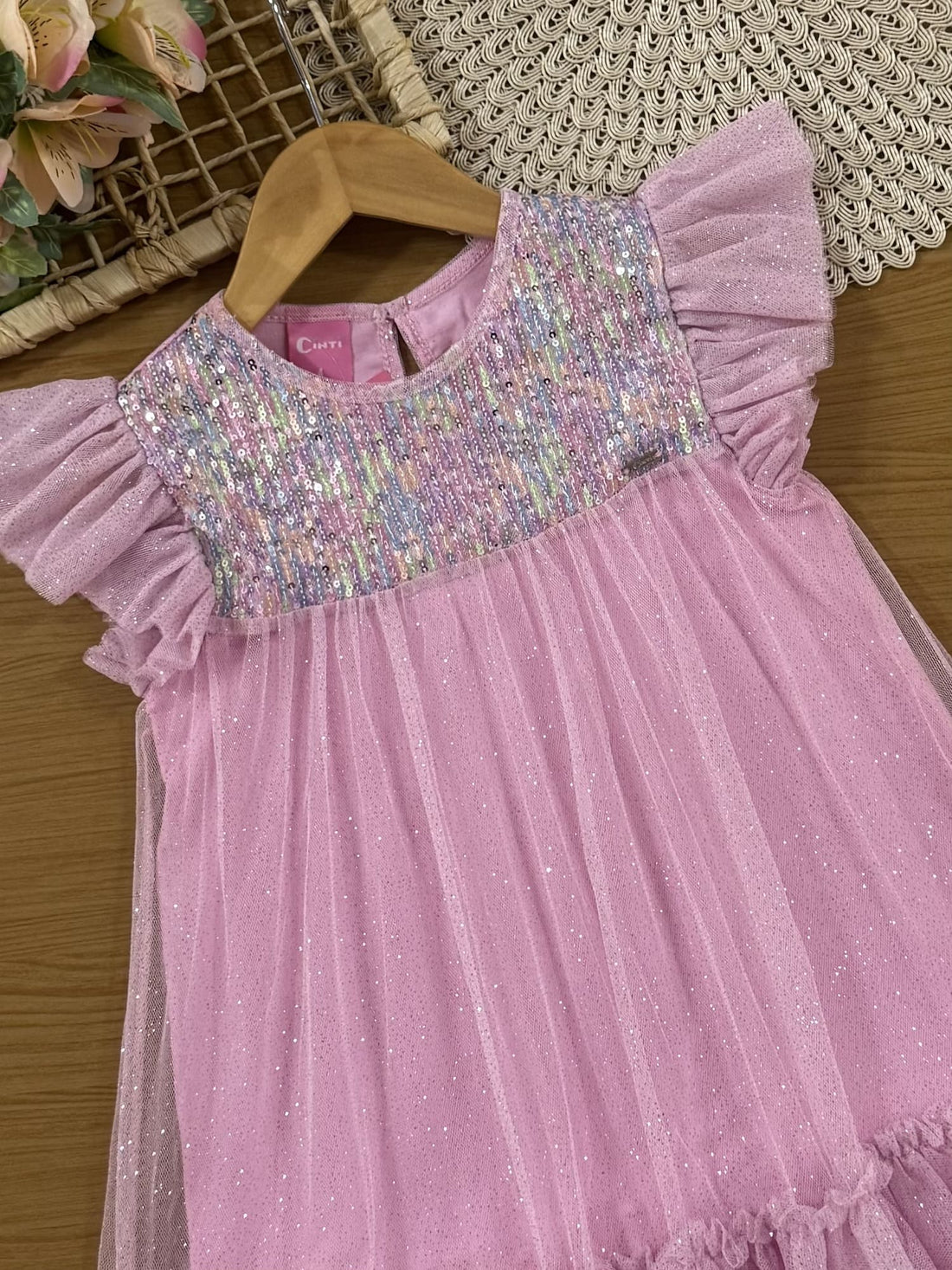 Vestido Infantil Cinti Verão Rosa Paetê e Tule com Glitter