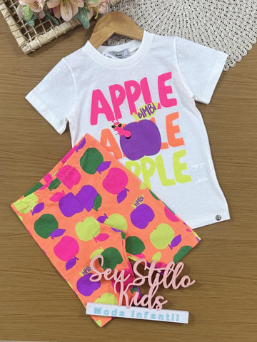 Conjunto Infantil Bimbi Verão com Shorts Laranja e Blusa Branca Apple