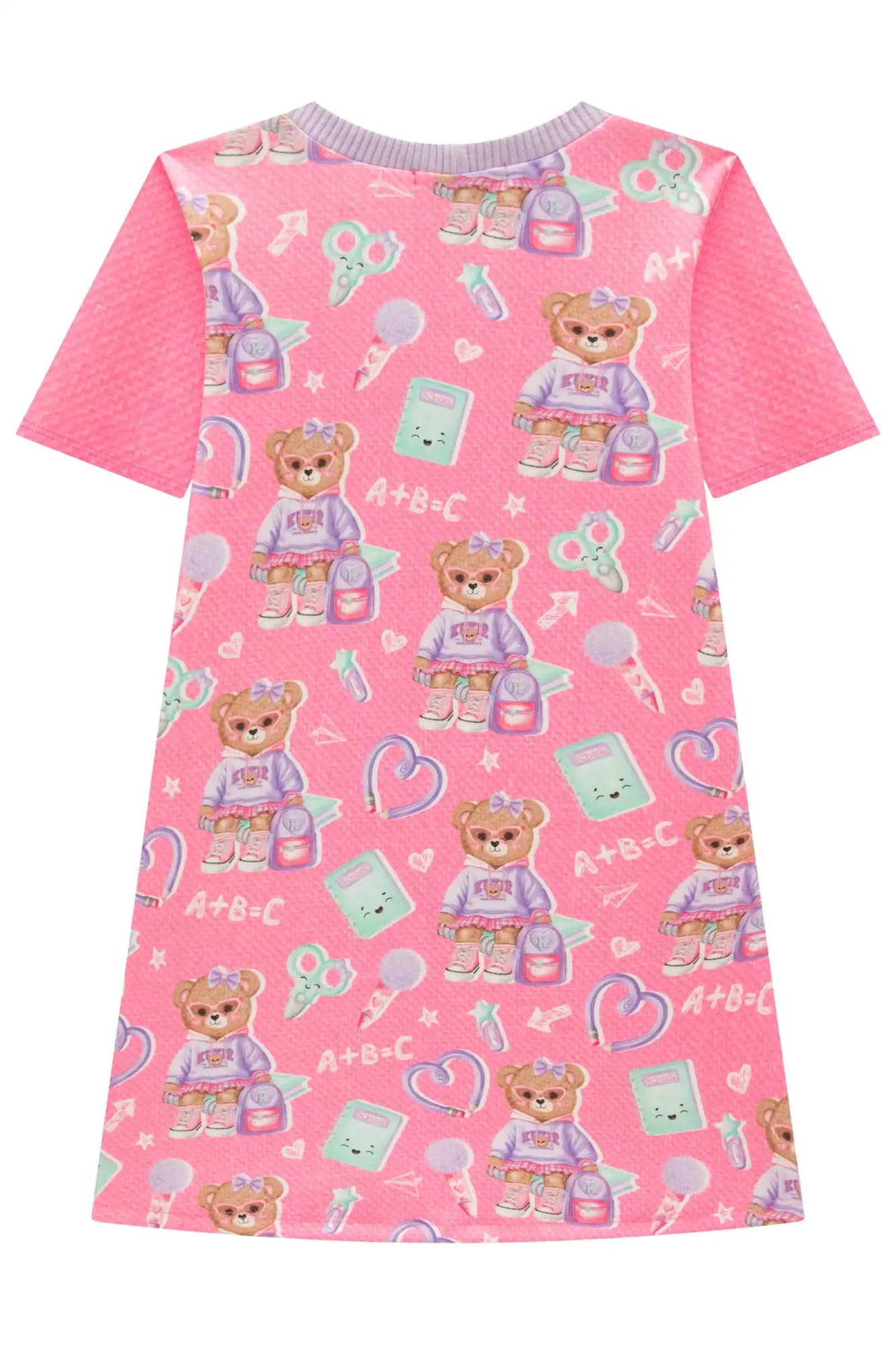 Vestido Infantil Kukiê Manga Curta Rosa Ursinha Escolar
