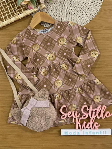 Vestido Infantil Kukiê Inverno Manga Longa Marrom Ursinha com Bolsinha