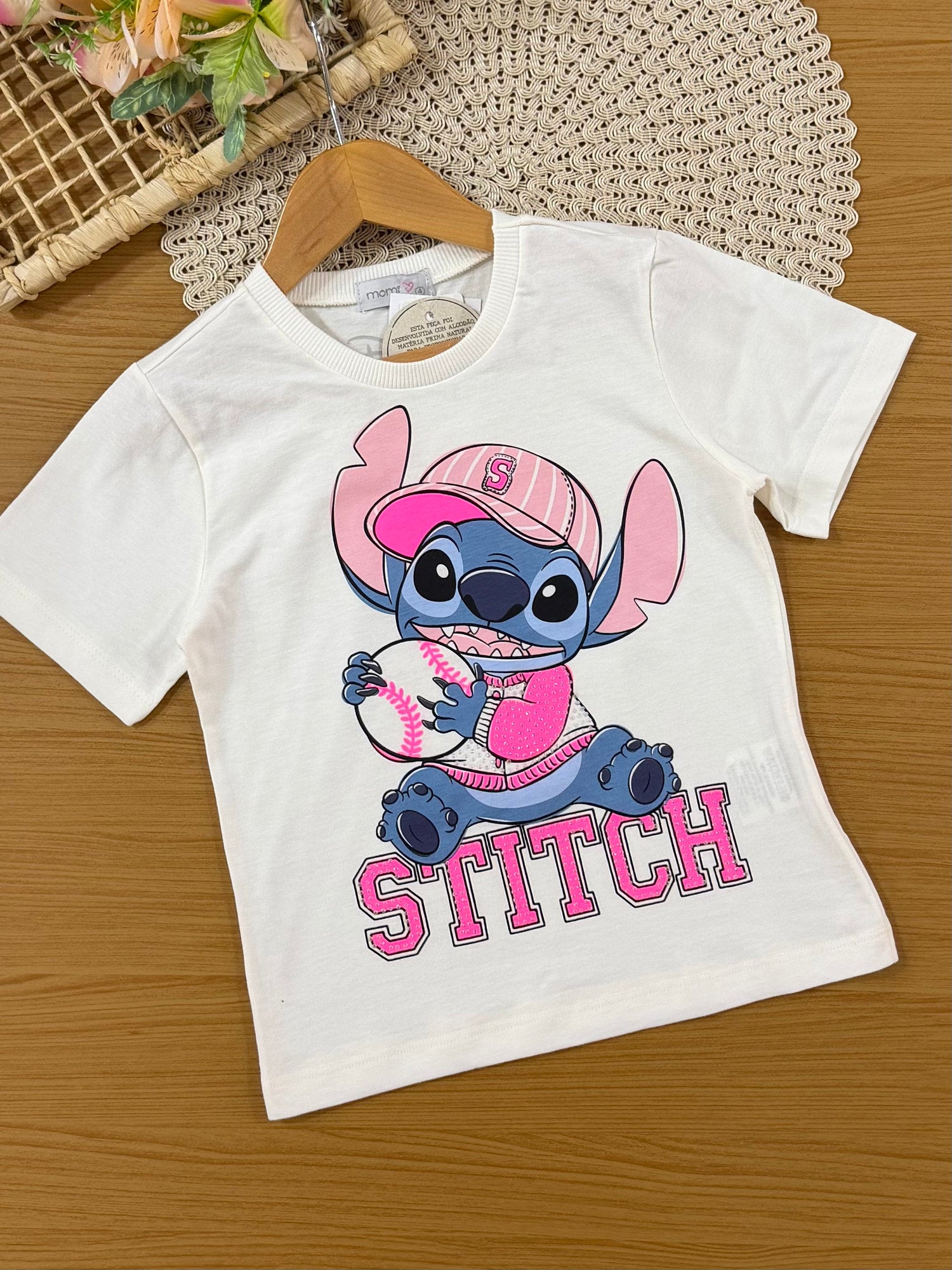 Conjunto Infantil Momi Inverno com Calça Legging Rosa  e Blusa Manga Curta Stitch Tênista
