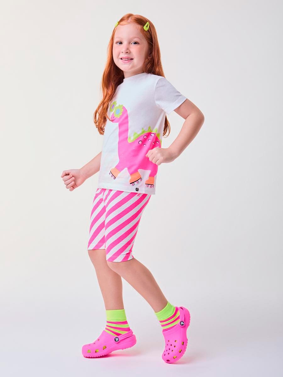 Conjunto Infantil Bimbi Verão com Shorts Ciclista Rosa Listrado e Blusa Branca Dino