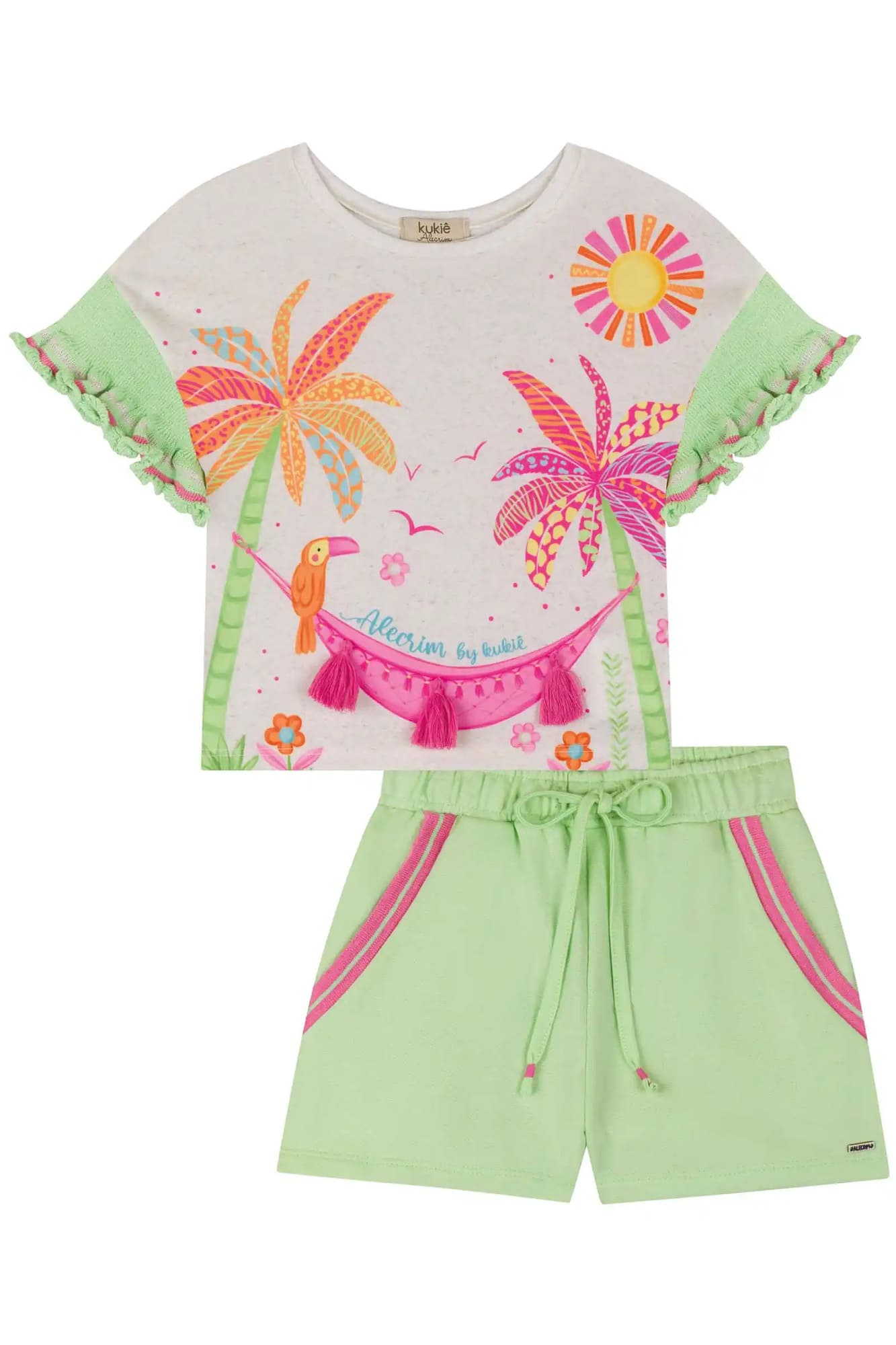 Conjunto Infantil Kukiê Verão com Shorts Verde e Blusa Off White Praia