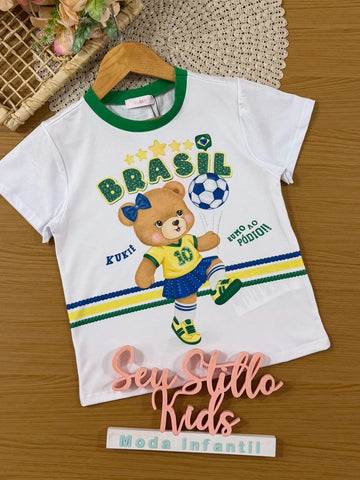 Blusa Infantil Kukiê Branca Ursinha Brasil Copa do Mundo