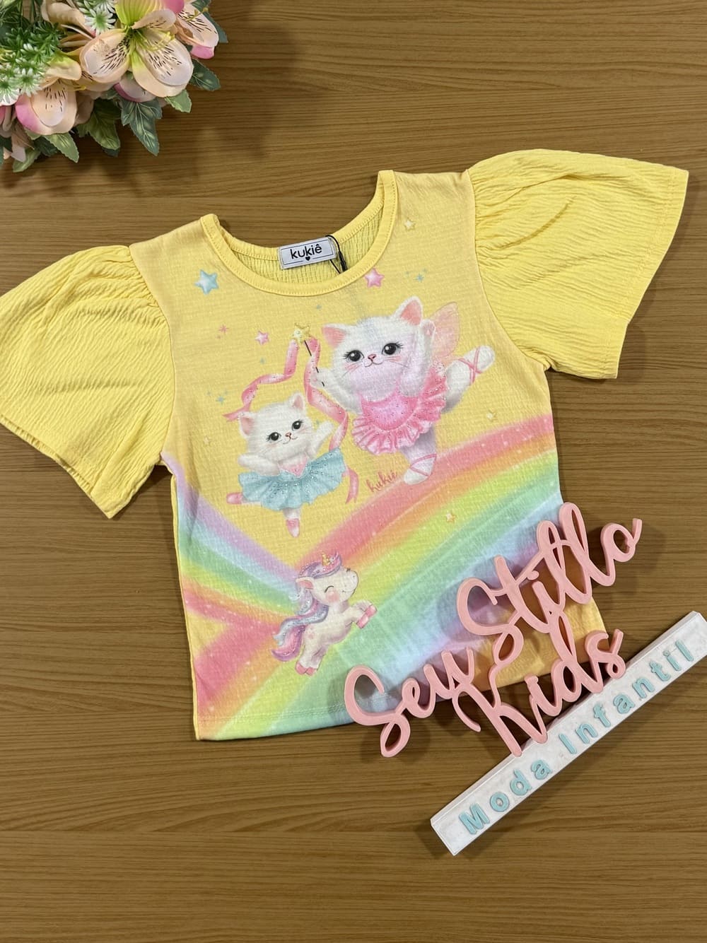 Blusa Infantil Kukie Verão Amarela Gatinha Bailarina