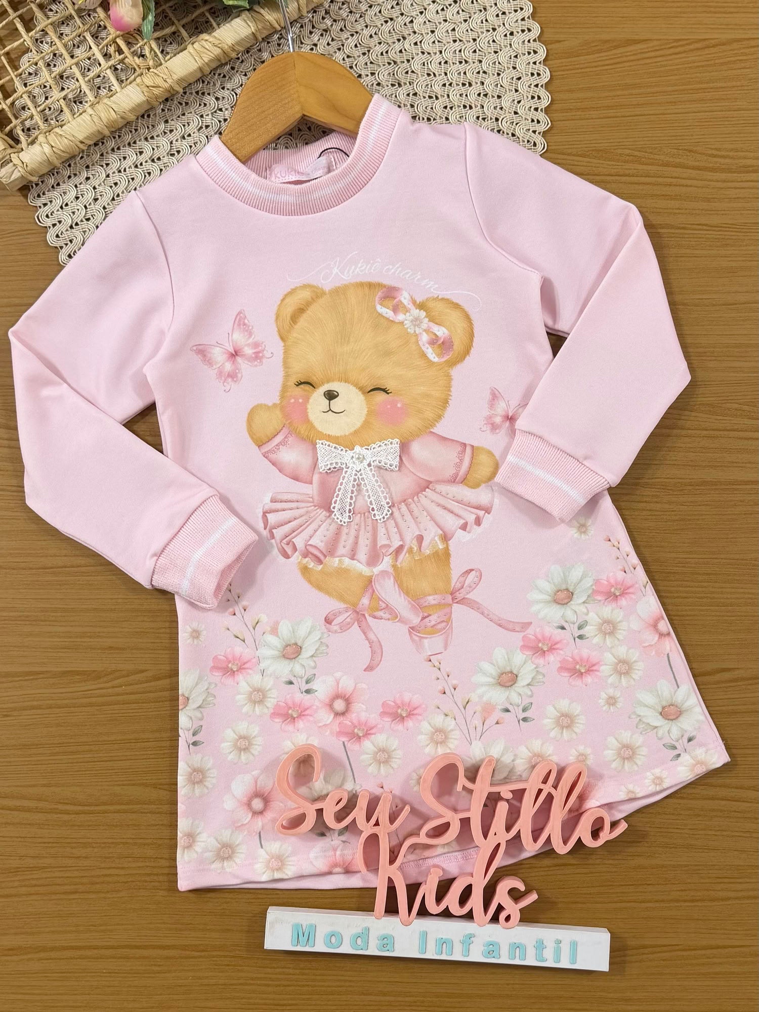 Vestido Infantil Kukiê Inverno Rosa Ursinha Bailarina