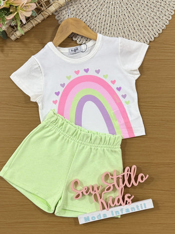 Conjunto Infantil Kukiê Verão com Shorts Verde e Blusa Branca Arco-íris