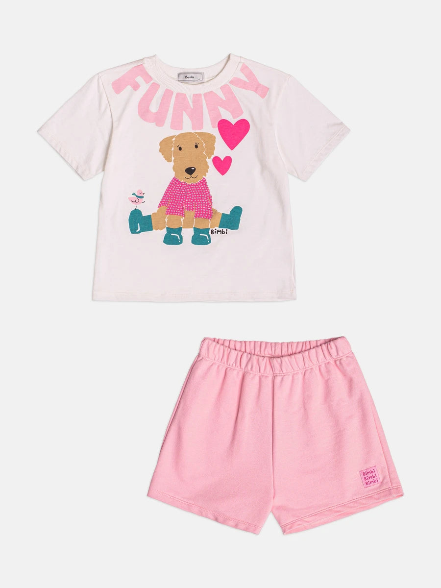 Conjunto Infantil Bimbi Inverno com Shorts Rosa e Blusa Manga Curta Cachorrinha Funny