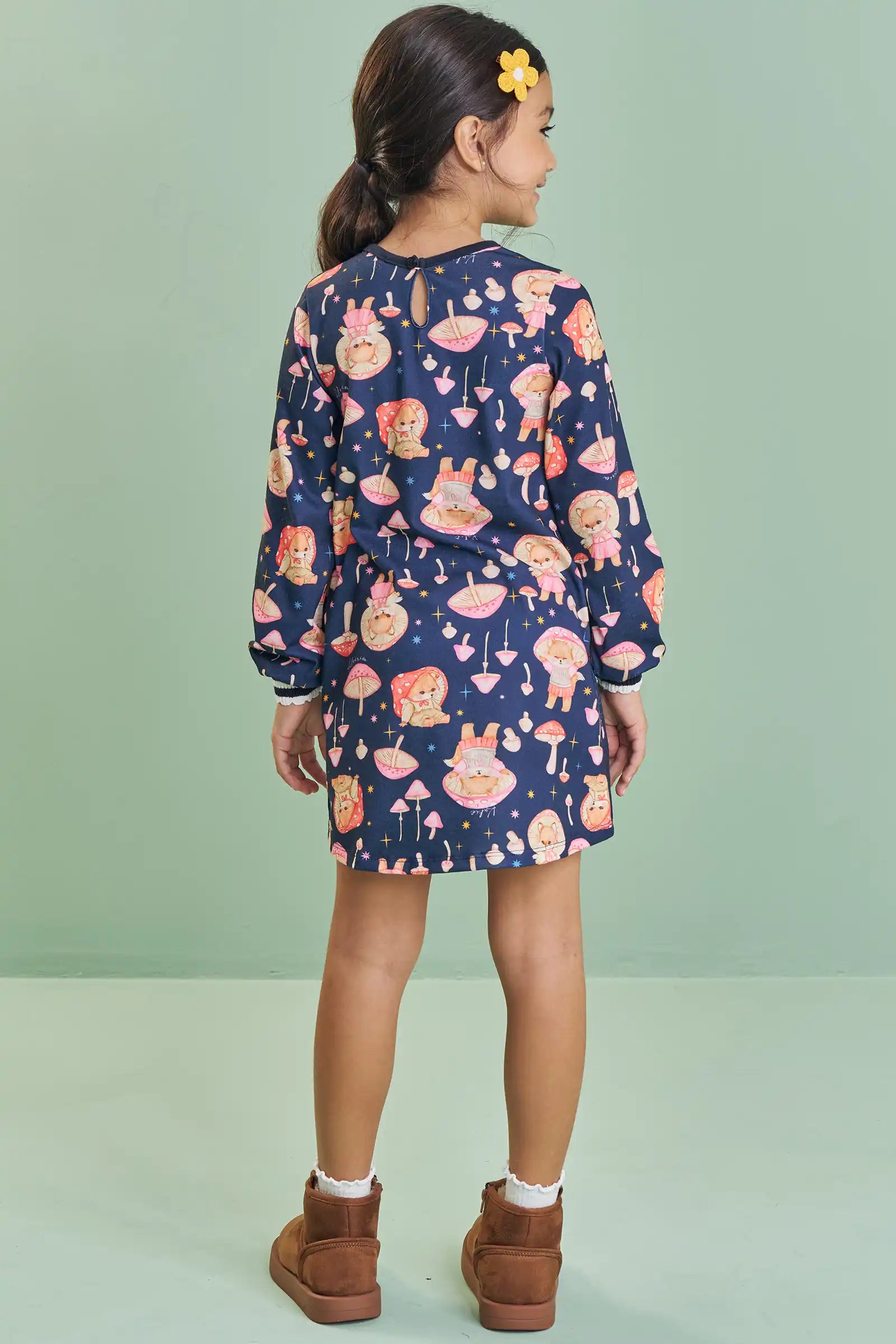 Vestido Infantil Kukiê Inverno Azul Marinho Raposinha Cogumelo