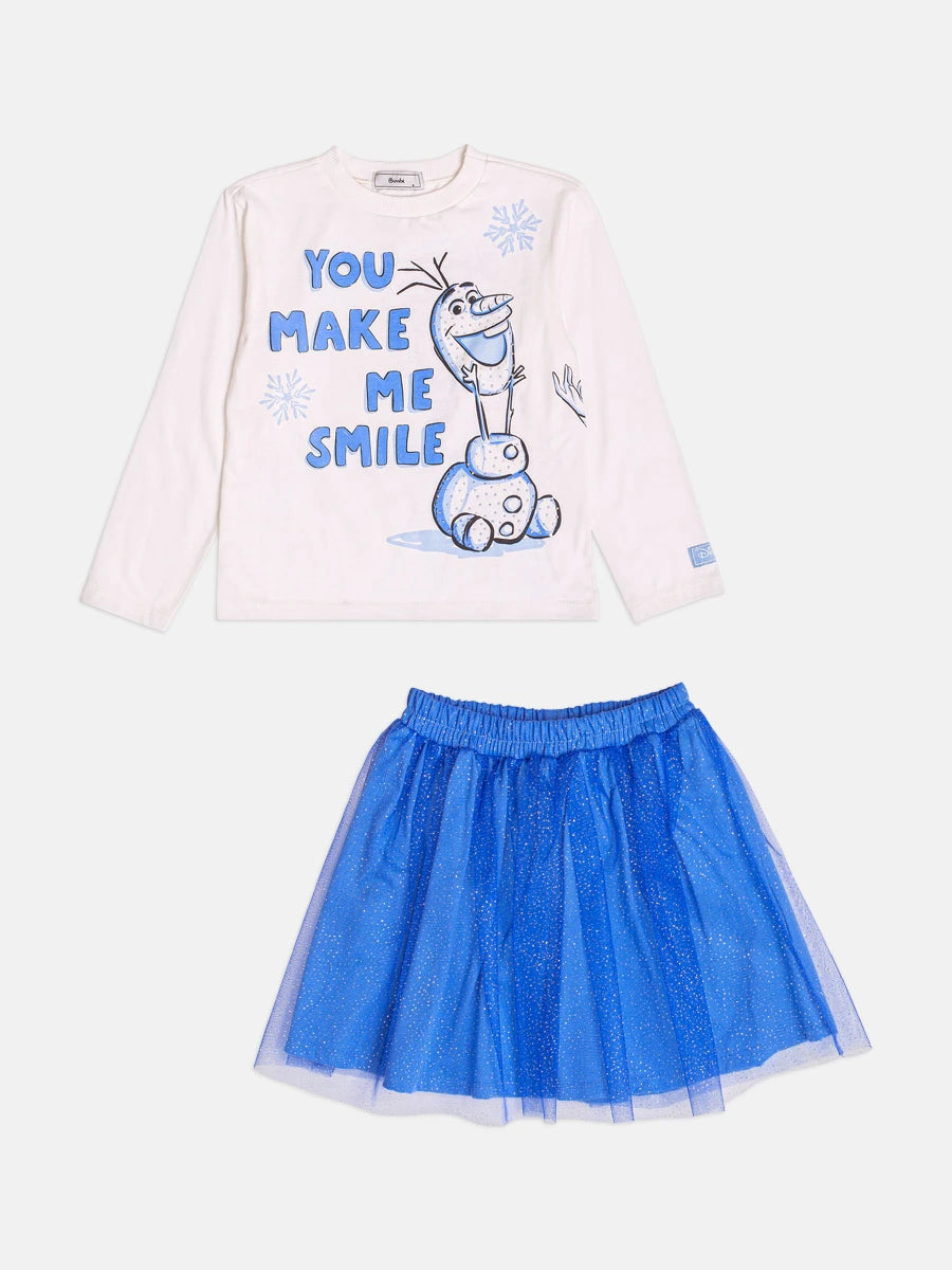 Conjunto Infantil Bimbi Inverno com Saia Azul em Tule e Blusa Manga Longa Olaf Strass Disney