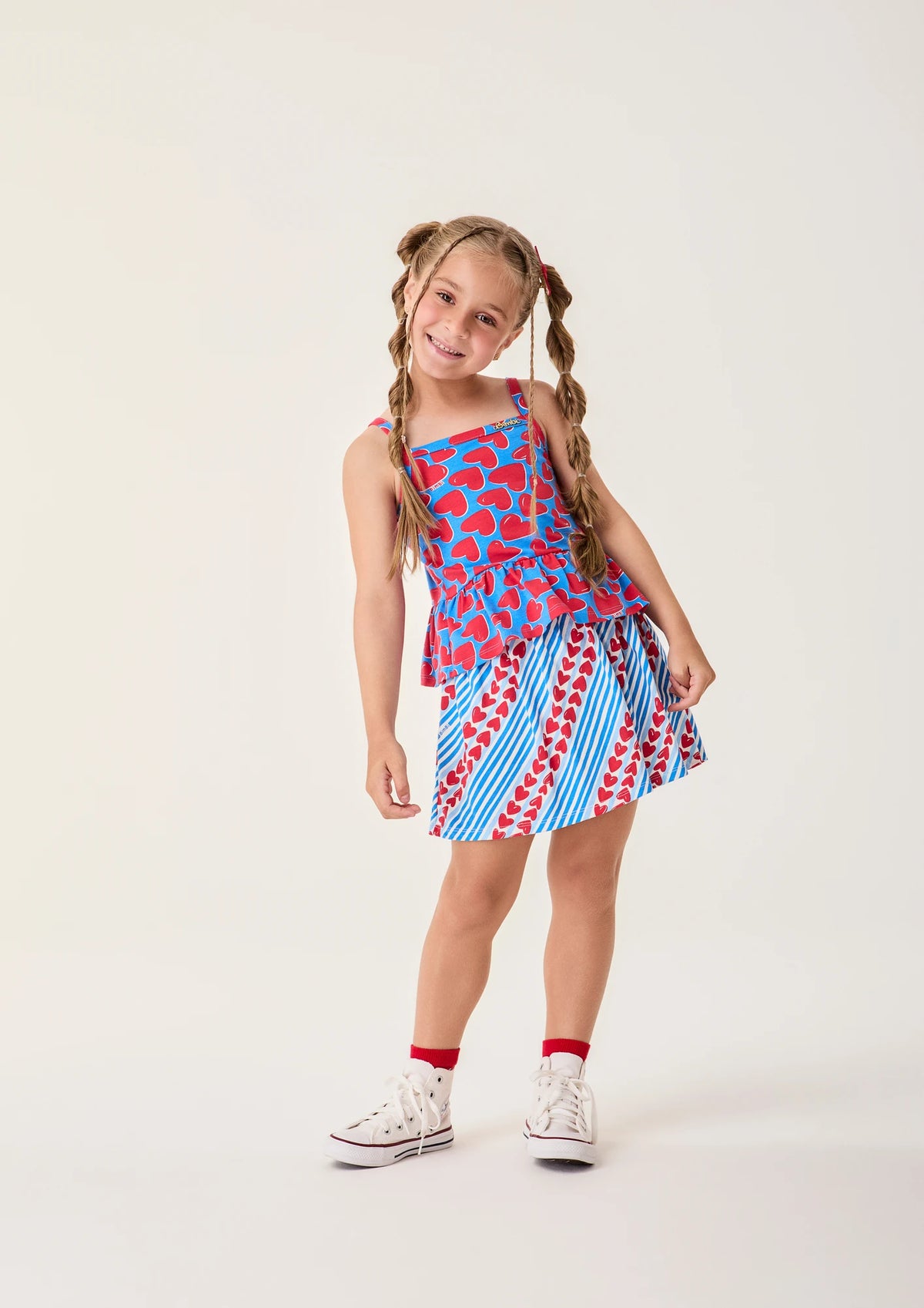 Conjunto Infantil Menina Bimbi Saia e Regata Azul Corações