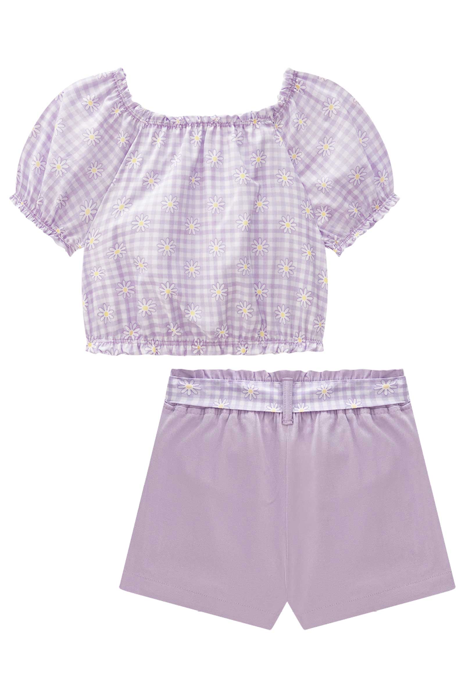 Conjunto Infantil Kukie Verão Com Shorts Saia Lilás e Blusa Florzinha