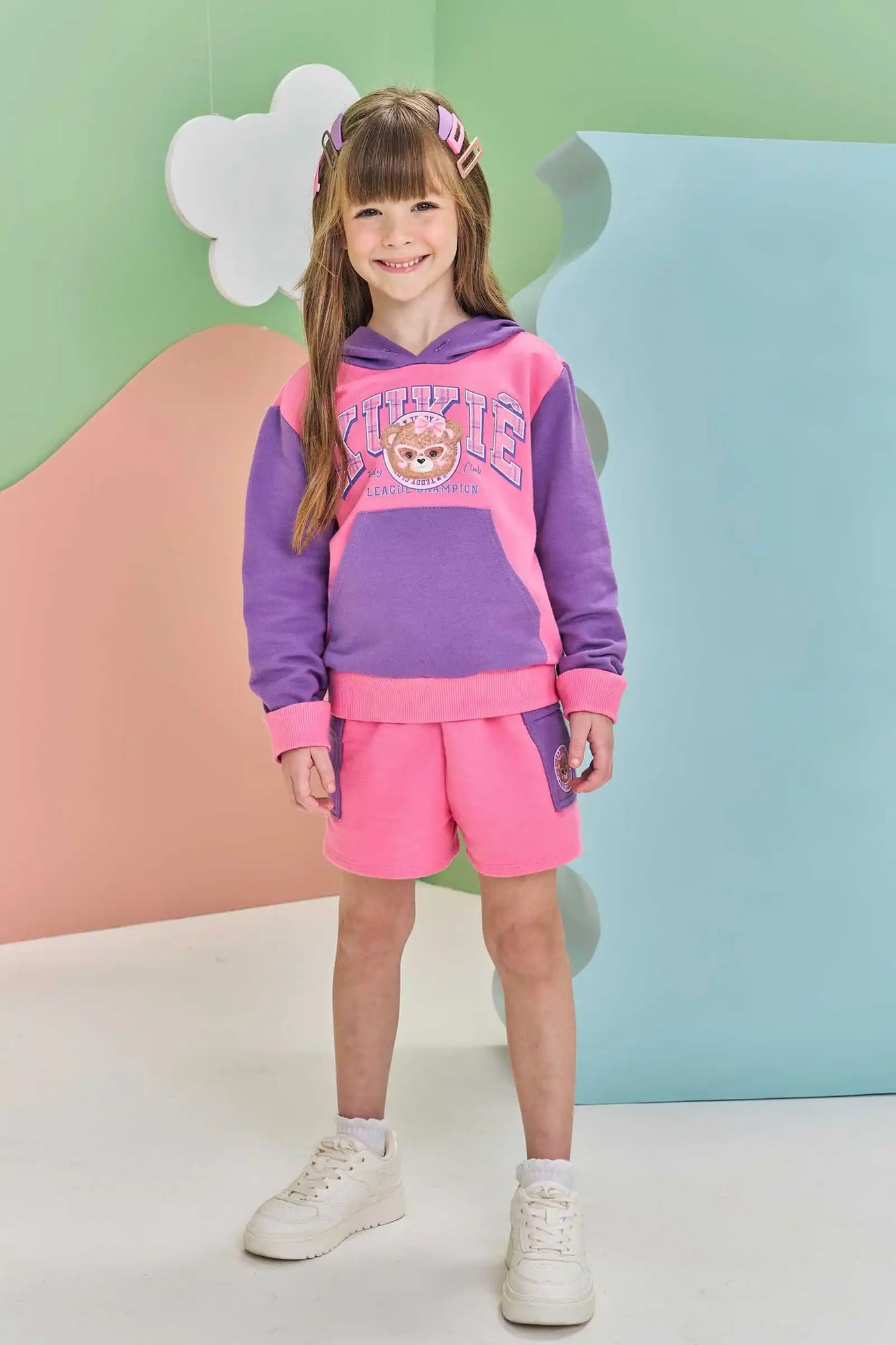 Conjunto Infantil Kukiê Inverno com Shorts e Casaco Rosa Ursinha