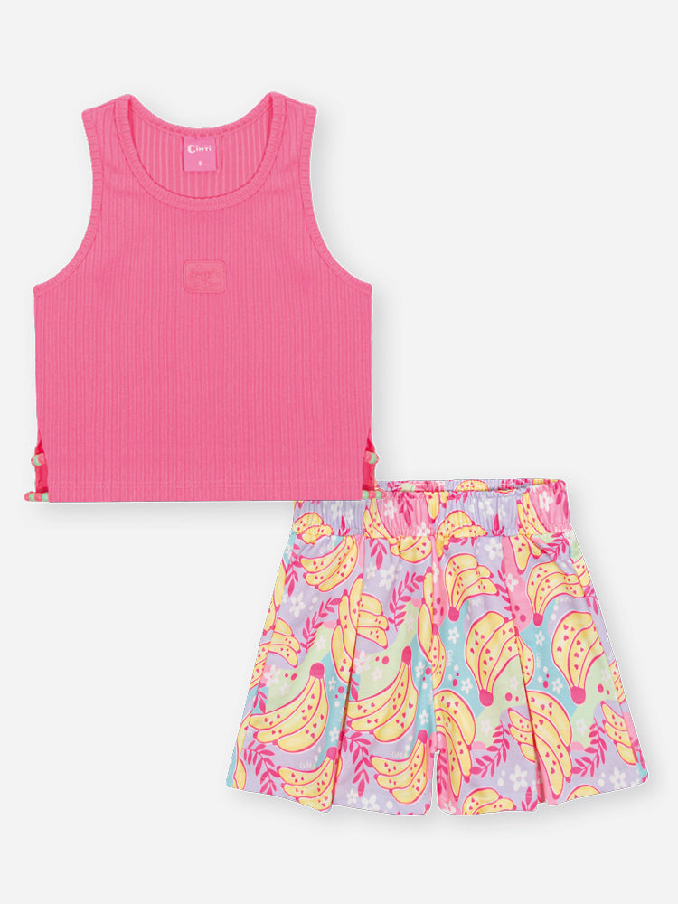 Conjunto Infantil Cinti Verão com Shorts Estampado Colorido e Regata Rosa