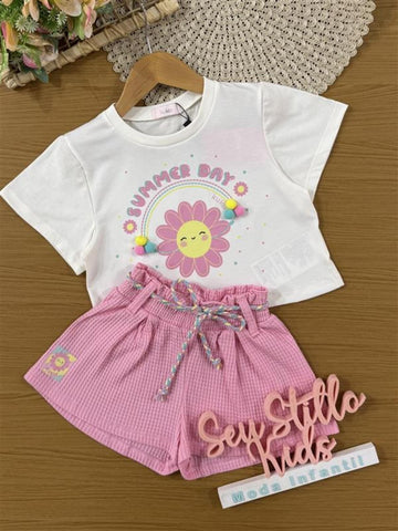 Conjunto Infantil Kukiê Verão com Shorts Rosa e Blusa Branca Florzinha Arco-irís