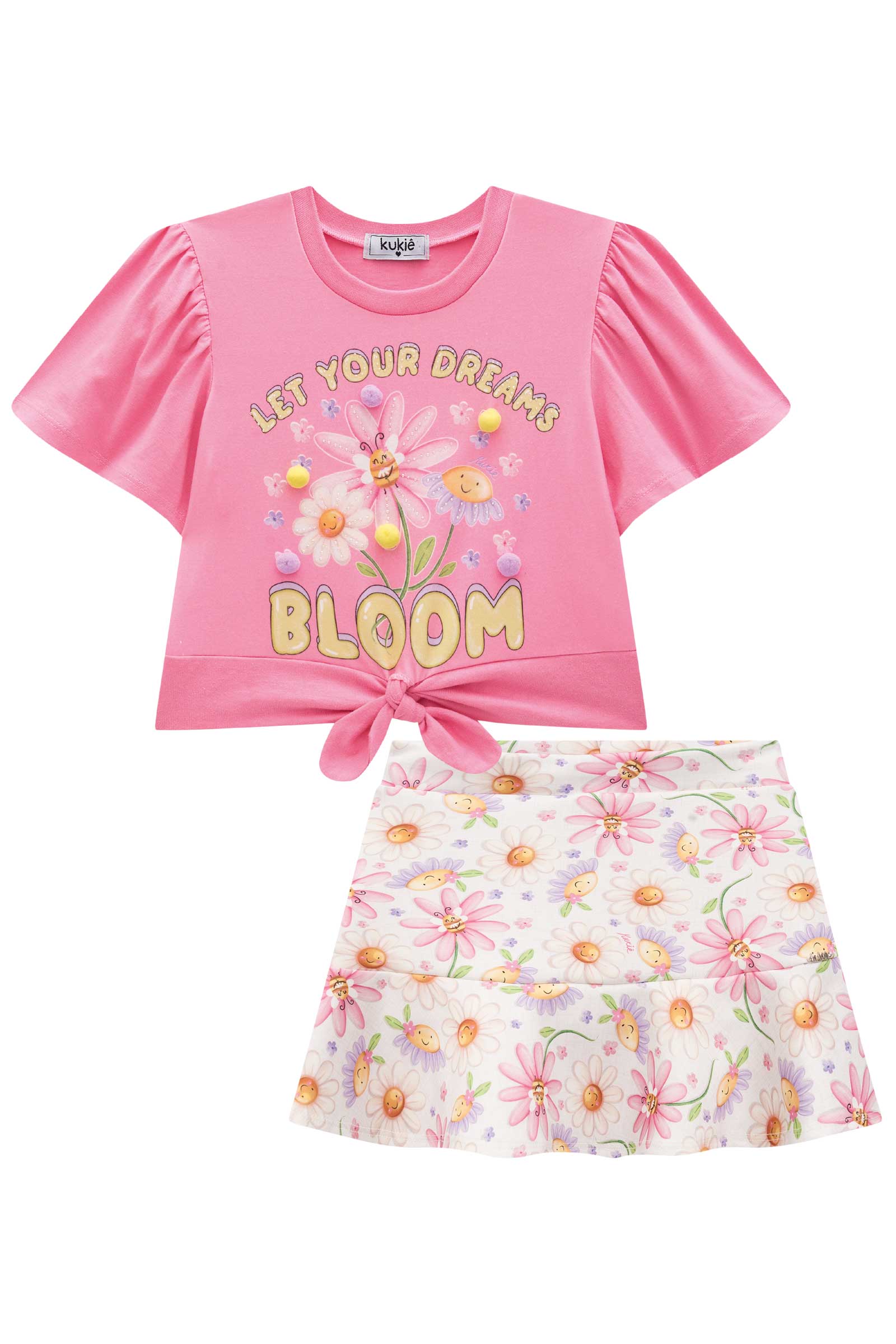 Conjunto Infantil Kukie Verão Saia e Blusa Rosa Flores