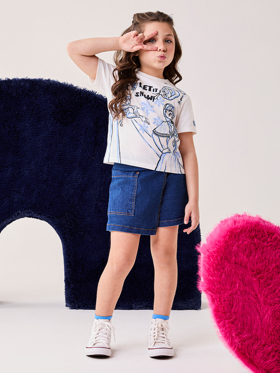 Blusa Infantil Bimbi Inverno Manga Curta Branca Elsa e Anna Frozen Disney