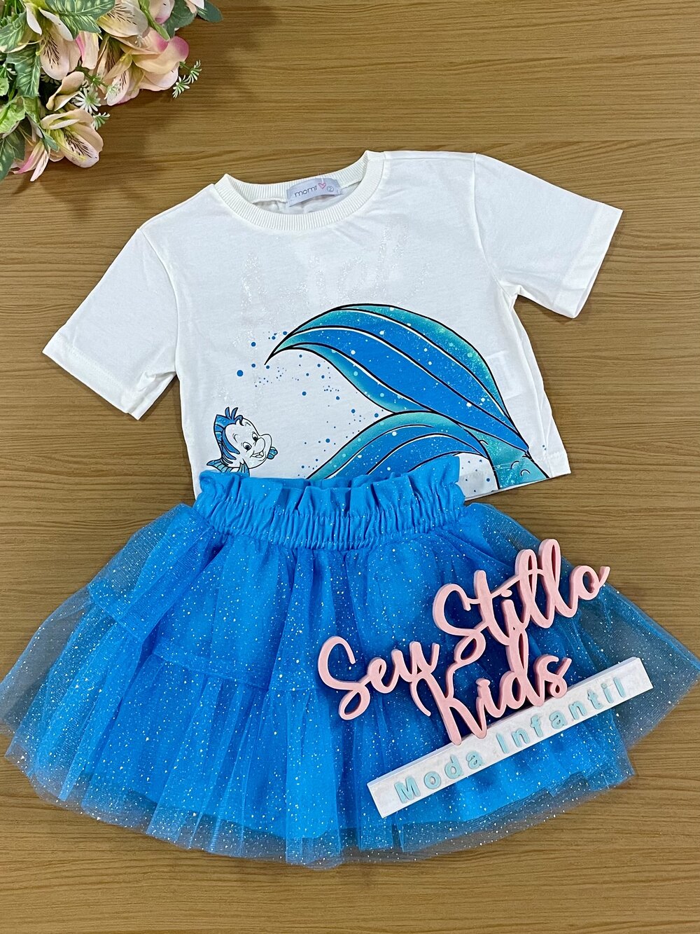 Conjunto Infantil Momi Verão Saia Tule e Blusa Pequena Sereia Azul