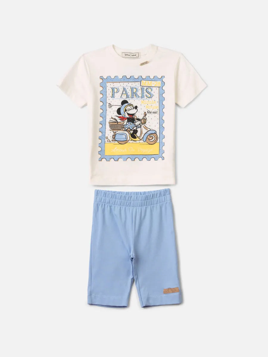 Conjunto Infantil Menina Animê com Shorts Ciclista Azul e Blusa Branca Minnie Paris Disney