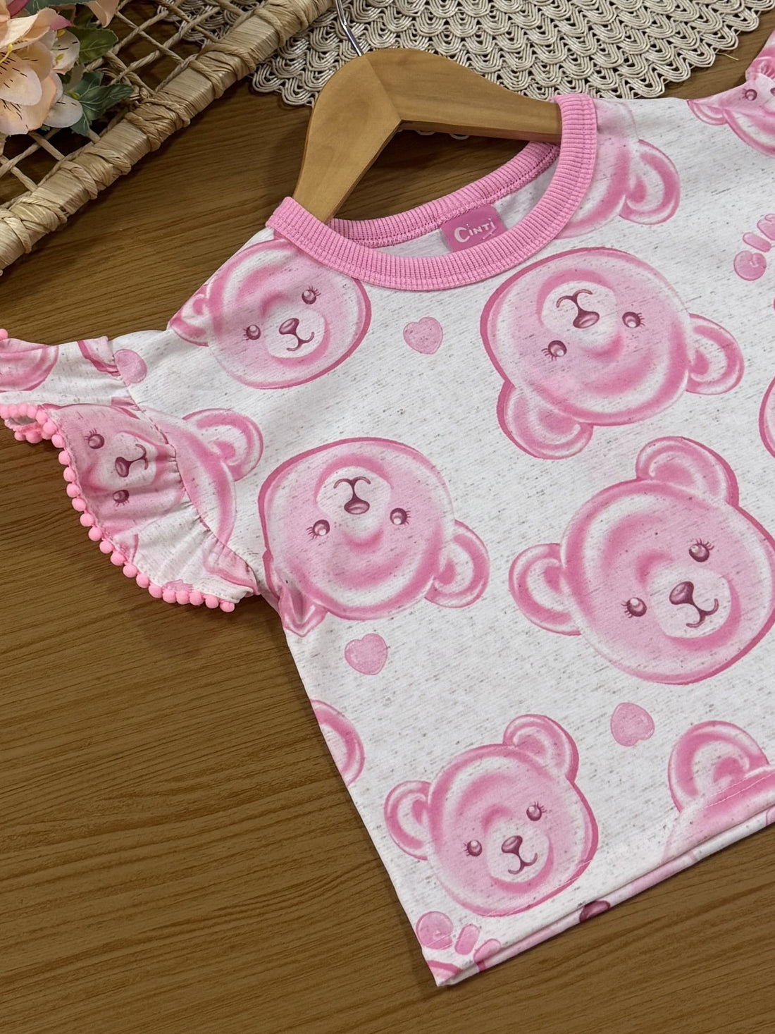 Conjunto Infantil Cinti Verão com Shorts e Blusa Rosa Ursinhas