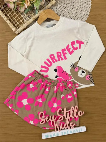 Conjunto Infantil Bimbi Inverno com Shorts Saia Blusa Manga Longa Bege Oncinha
